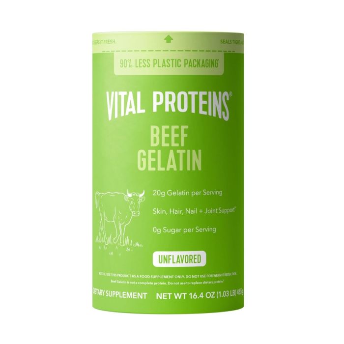 Unflavored beef gelatin powder container on white background
